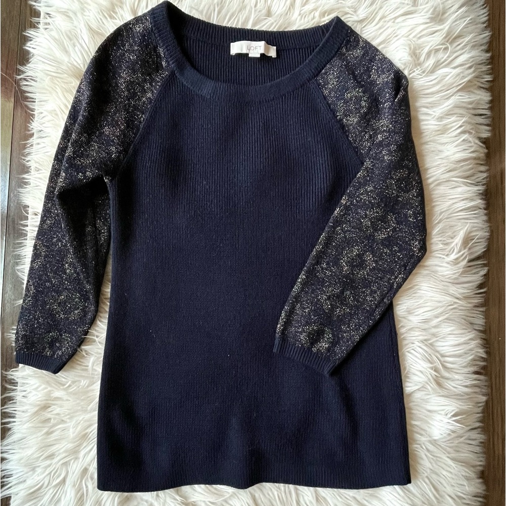 LOFT Navy Blue Sweater with Gold Metallic Sleeves